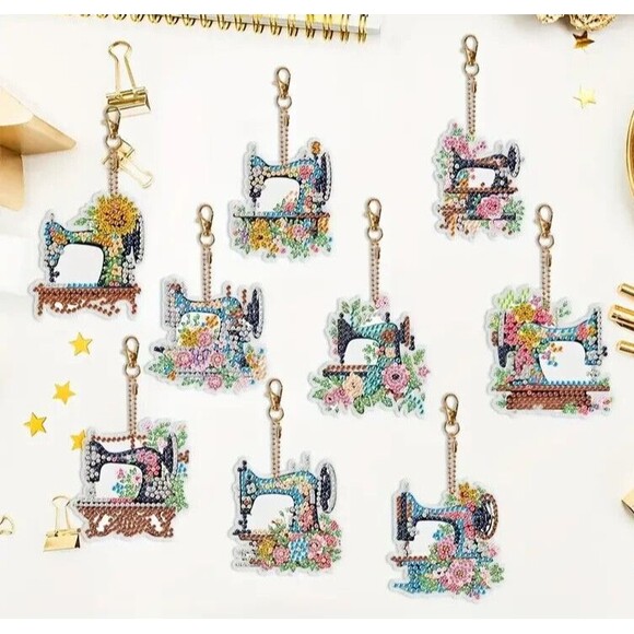DIY Vintage Sewing Machine Key Chain Diamond Painting Pendant 9-pc Craft Gift - Picture 1 of 10